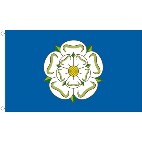 Yorkshire New flag with central white rose, yellow centre and green leaves on blue, 5ft x 3ft