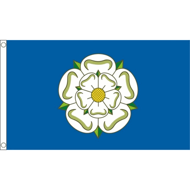 Yorkshire New flag with central white rose, yellow centre and green leaves on blue, 5ft x 3ft